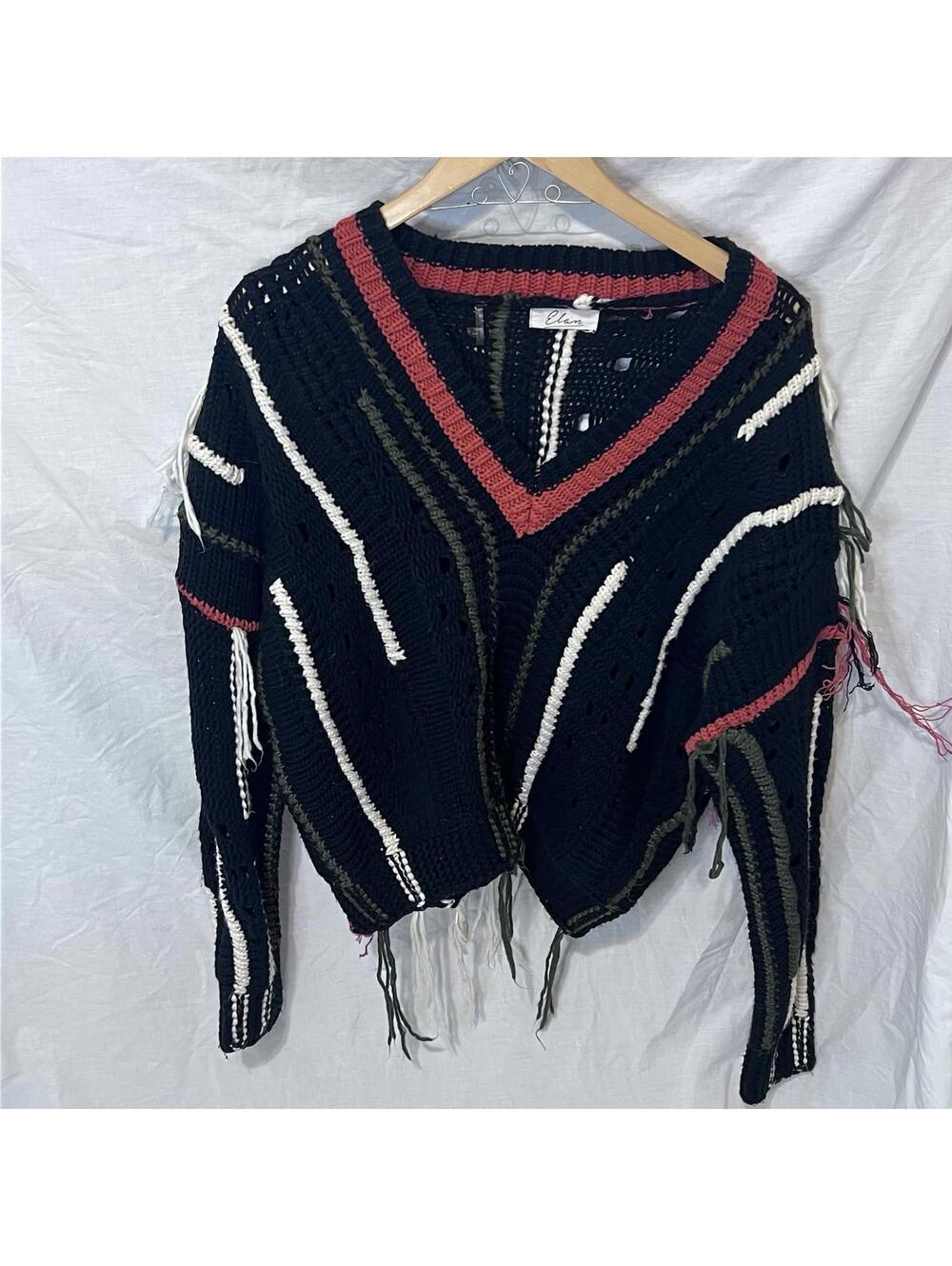 Elan Sweater Women's Knit Chunky Fringe V-neck Oversized Large Short Navy Orange